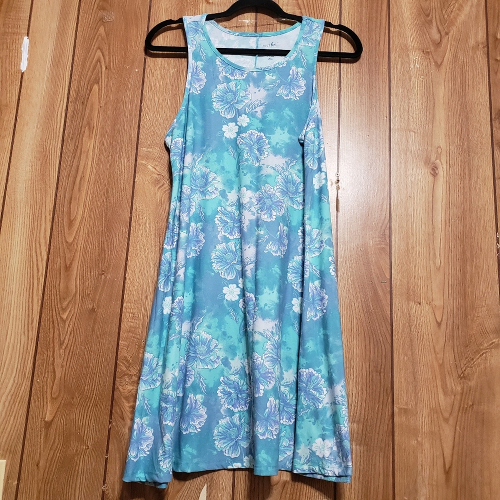 Floral Dress Med Just Be Teal/ Blue Knit Midi Length A-line Sleeveless Playful